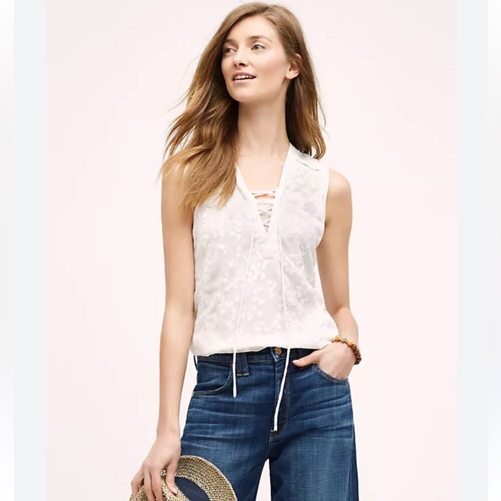 Maeve Ivory Embroidered Lace-Up Cotton Blend Tank Floral Size 6